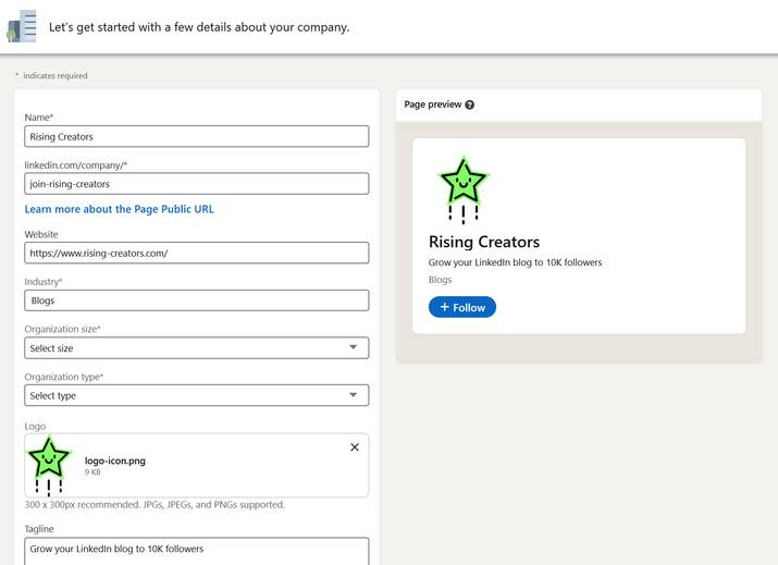 Creating A New Company Page
