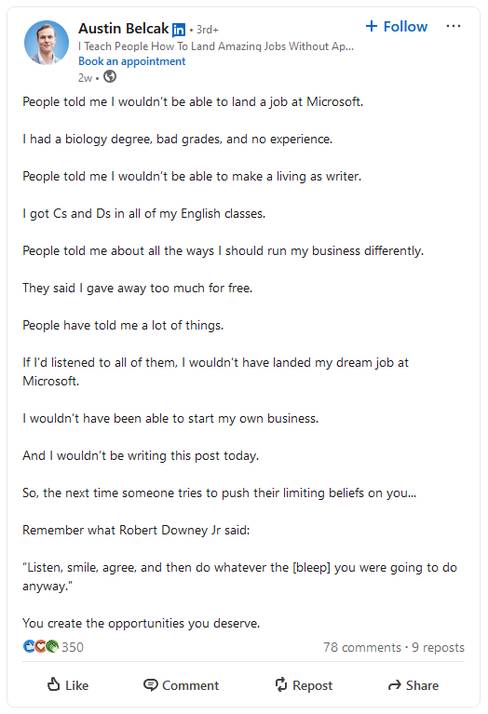 LinkedIn personal storytelling example post