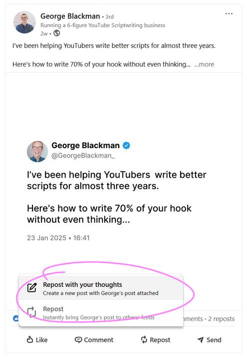 LinkedIn repost with your thoughts